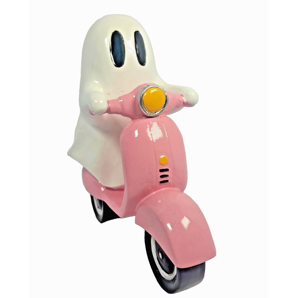Pink Ghost Riding Scooter Figurine Halloween Decor Ceramic Spooky Cute 10 Inch